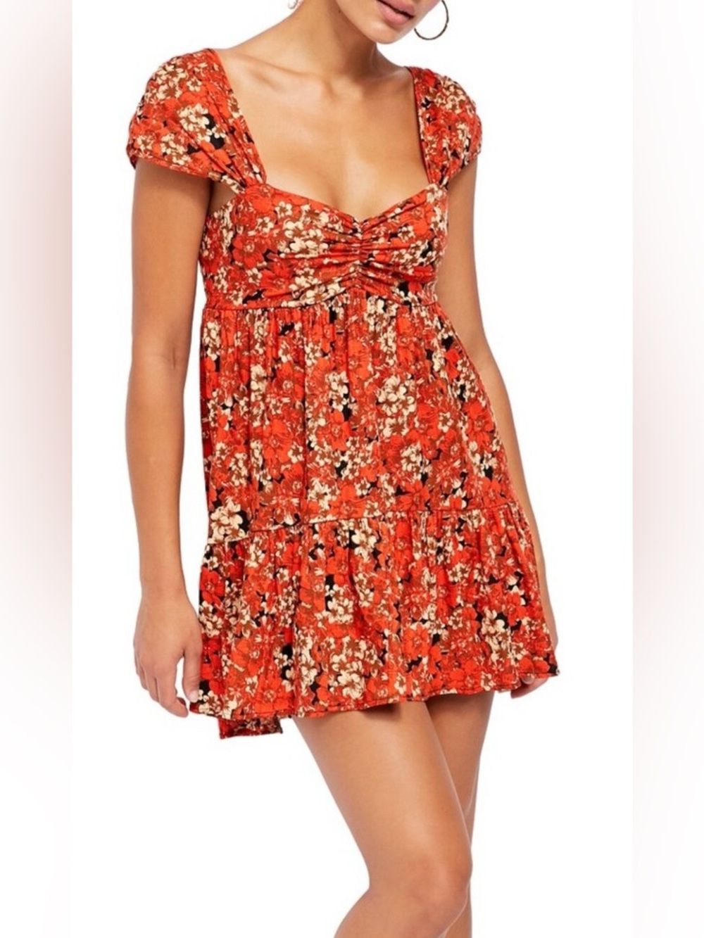 Free People Red Floral Smocked Babydoll Mini Dress, Small